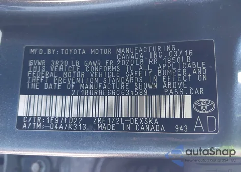 2016 Toyota Corolla S Plus z USA, uszkodzony, nr VIN 2T1BURHE6GC634589